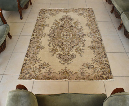 Handmade Vintage Oushak Runner 3.9 x 6.3 ft  Accent Beige Pastel Area Rug C23
