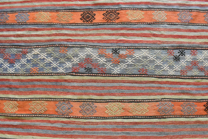 Handmade Kilim  5.7 x 9.1 ft  Vintage Traditional Striped Orange Area Rug C24