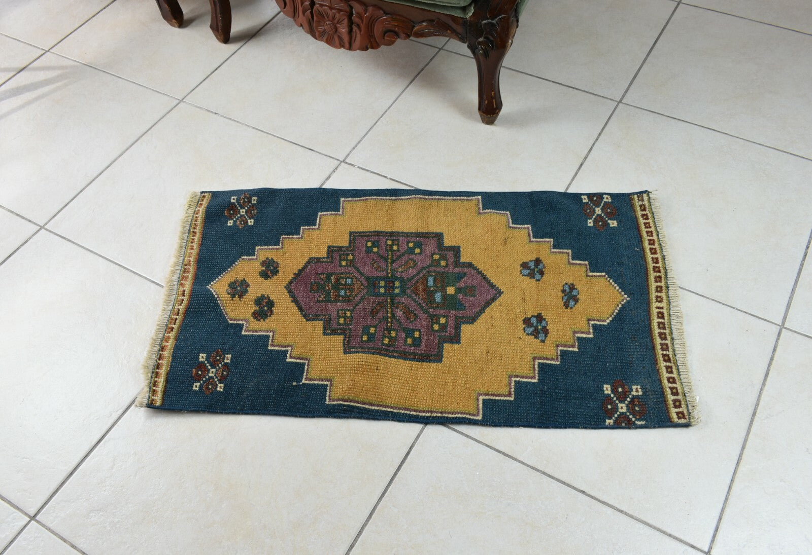 Vintage Runner 2.7x1.5 ft Mini Turkish Rug Oushak Runner Anatolian Runner Y91