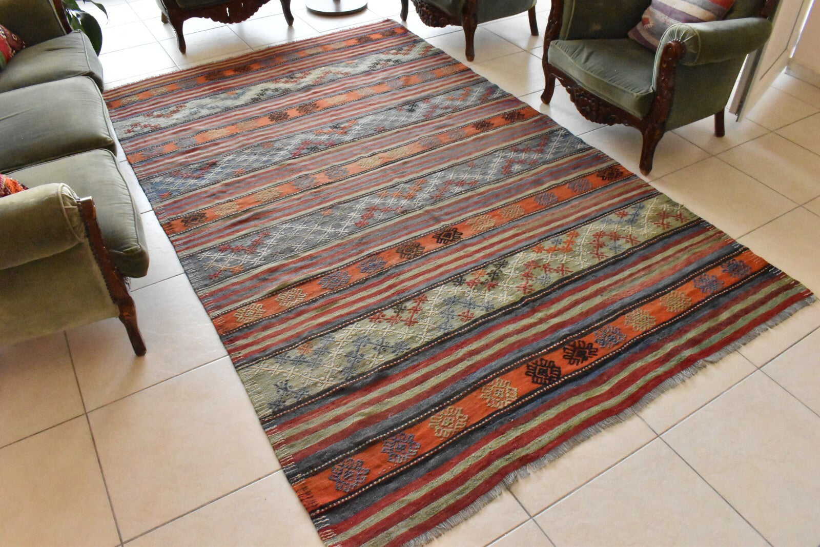 Handmade Kilim  5.7 x 9.1 ft  Vintage Traditional Striped Orange Area Rug C24