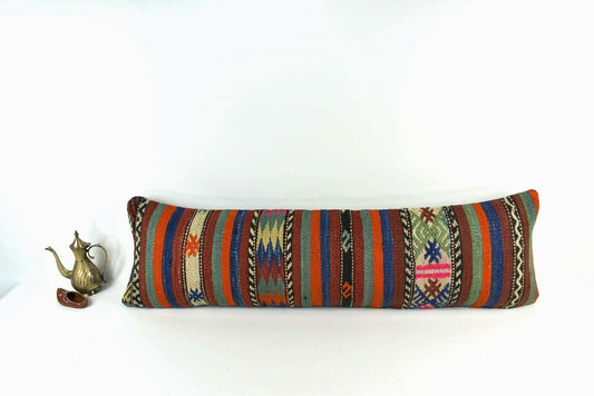 Long Kilim Pillow Cover 12x42 Handmade Oushak Rug Ethnic Ottoman Lumbar  A2095