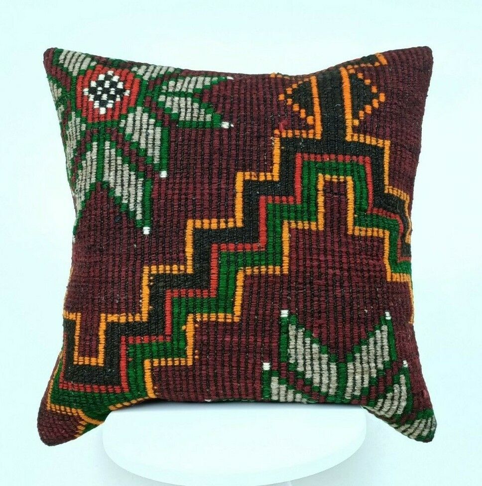 Kilim Pillow Cover 24x24 Traditional Turkish Handmade Wool Lumbar Cushion E665