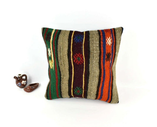 Kilim Pillow Cover 16x16 Decorative Vintage Oushak Kilim Cushion Cover A3087