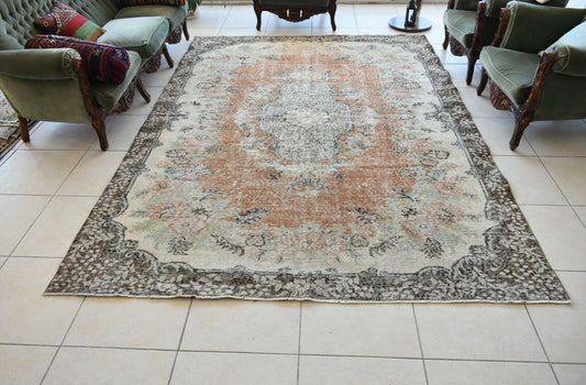 Large Turkish Rug 9.6x6.7 ft Vintage Rug Faded Oushak Rug Living Room Carpet B14