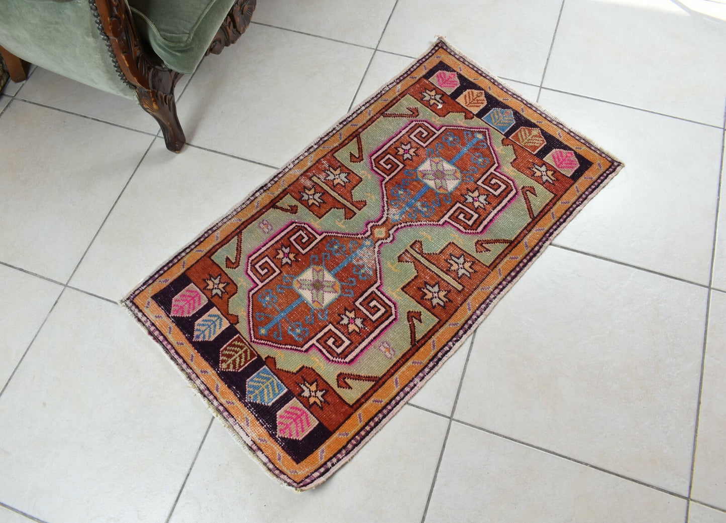 Turkish Runner 3.3x1.8 ft Vintage Small Rug Oushak Runner Anatolian Mini Rug Y62