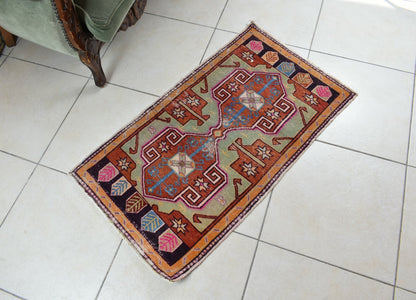 Turkish Runner 3.3x1.8 ft Vintage Small Rug Oushak Runner Anatolian Mini Rug Y62