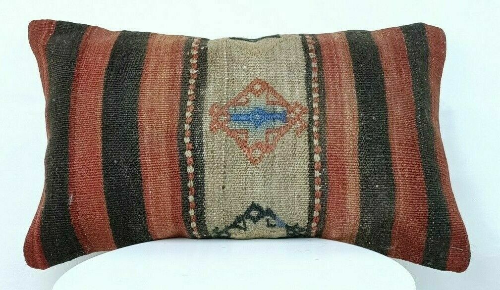 12x20 Kilim Pillow Cover Handmade Traditional Turkish Wool Lumbar Cushion E515