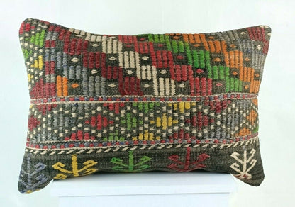 Kilim Pillow Cover 16x24 in Traditional Handmade Anatolian Lumbar Cushion  E1279