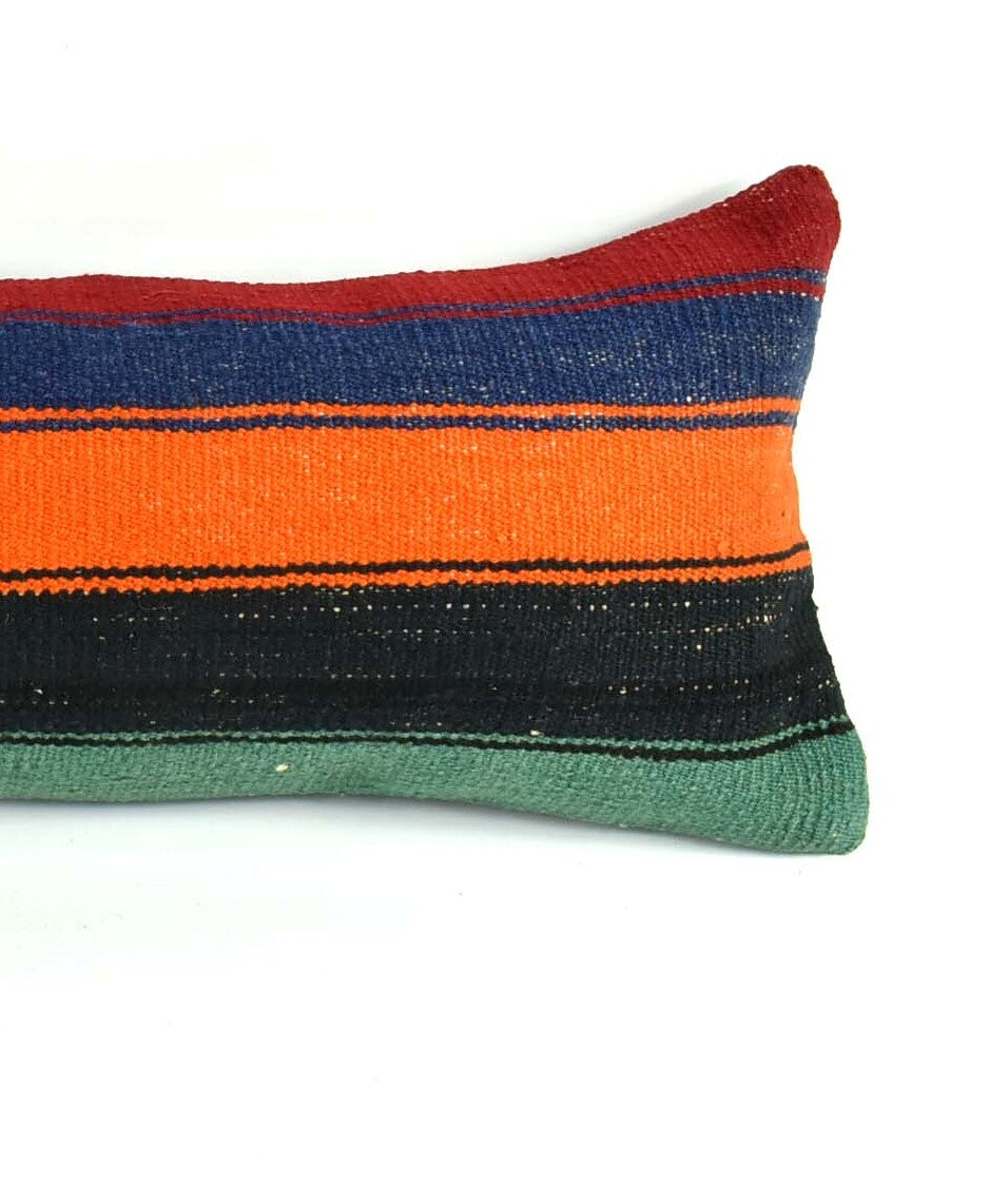Long Kilim Lumbar Pillow Cover 12x36 Handmade Anatolian Ethnic Rug Cushion A2034