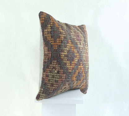 Handmade Kilim Pillow Cover 16x16 Anatolian Traditional Wool Lumbar Cushion A832