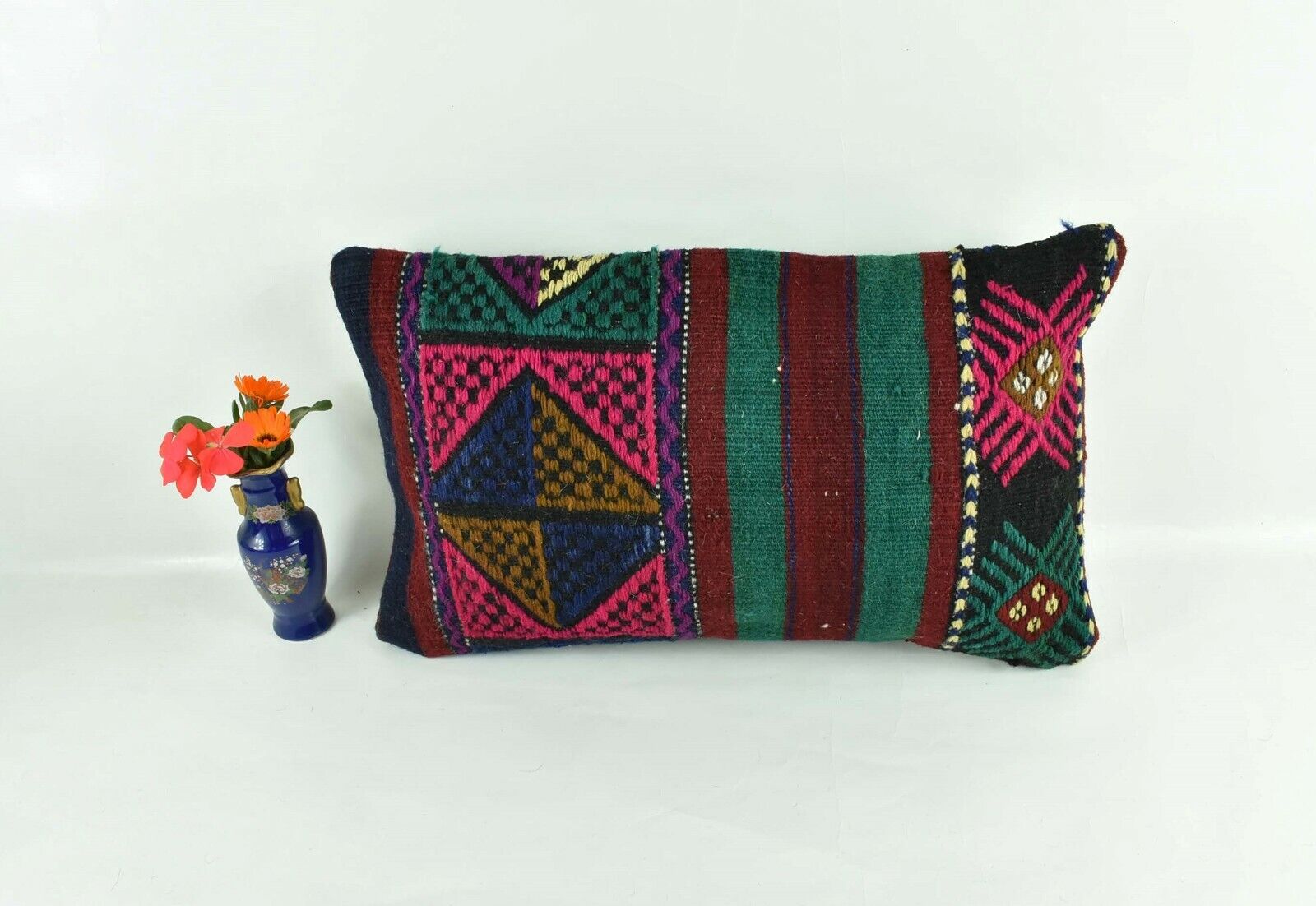 Kilim Pillow Cover 12x20 Turkish Handmade Vintage Couch Lumbar Cushion  A1825