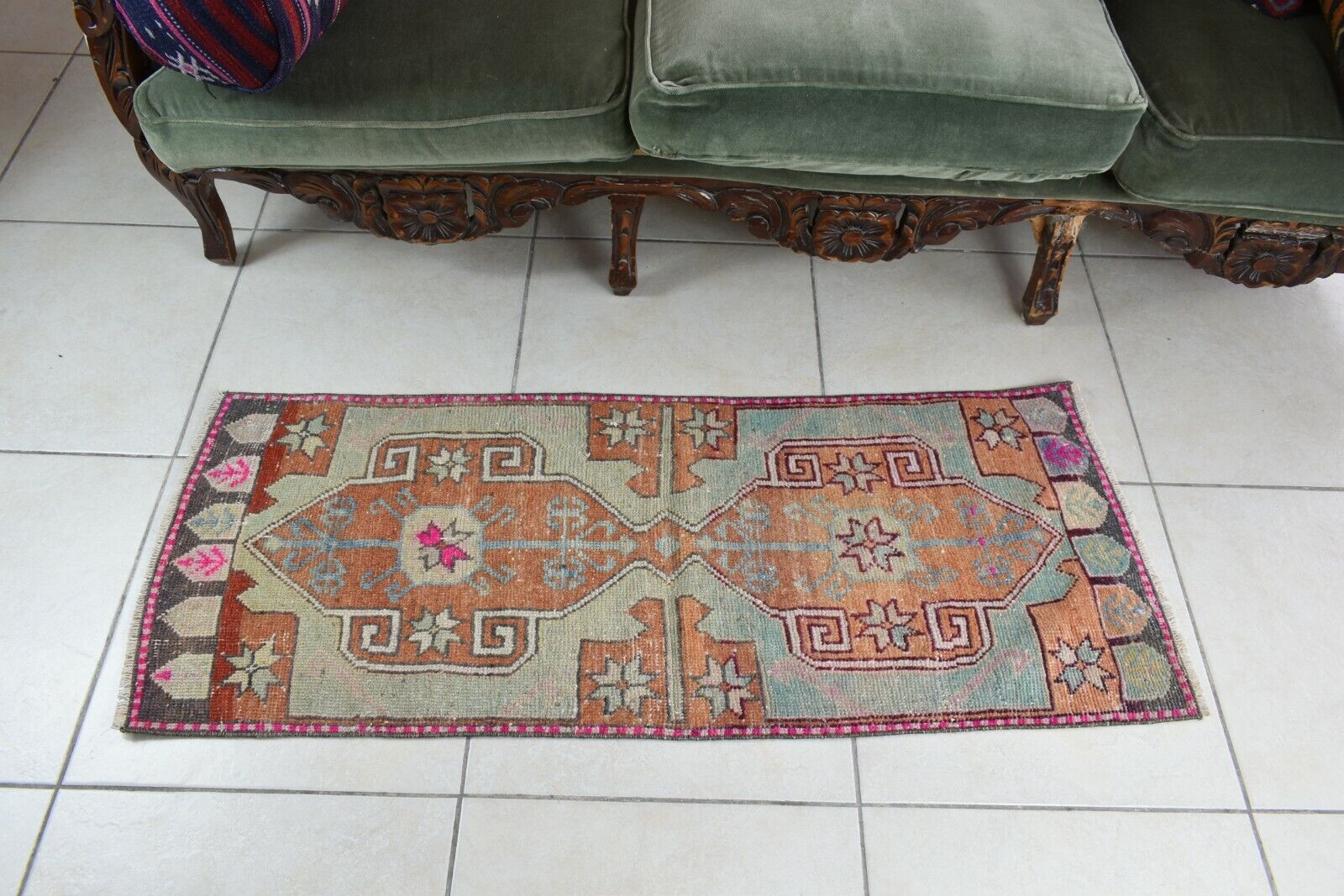 3.8x1.5 ft Anatolian Runner Small Vintage Rug Oushak Runner Mini Turkish Rug Y85