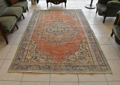 Handmade Area Rug 8.6 x 5.5 ft Distressed Anatolian Vintage Medallion Rug  C45