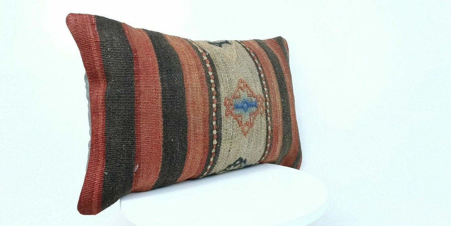 12x20 Kilim Pillow Cover Handmade Traditional Turkish Wool Lumbar Cushion E515