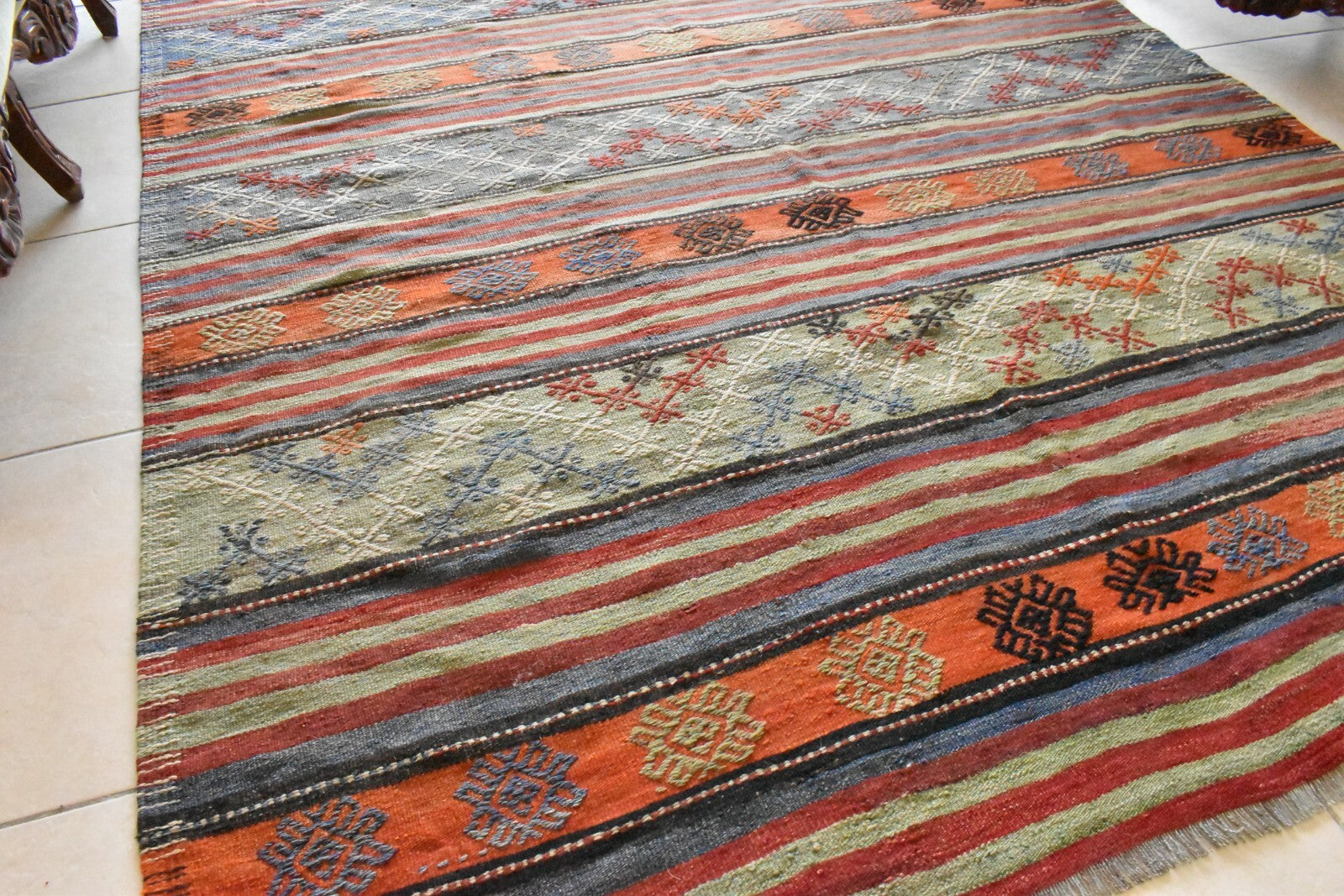 Handmade Kilim  5.7 x 9.1 ft  Vintage Traditional Striped Orange Area Rug C24