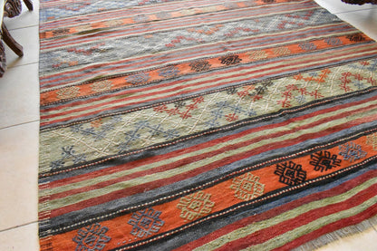 Handmade Kilim  5.7 x 9.1 ft  Vintage Traditional Striped Orange Area Rug C24