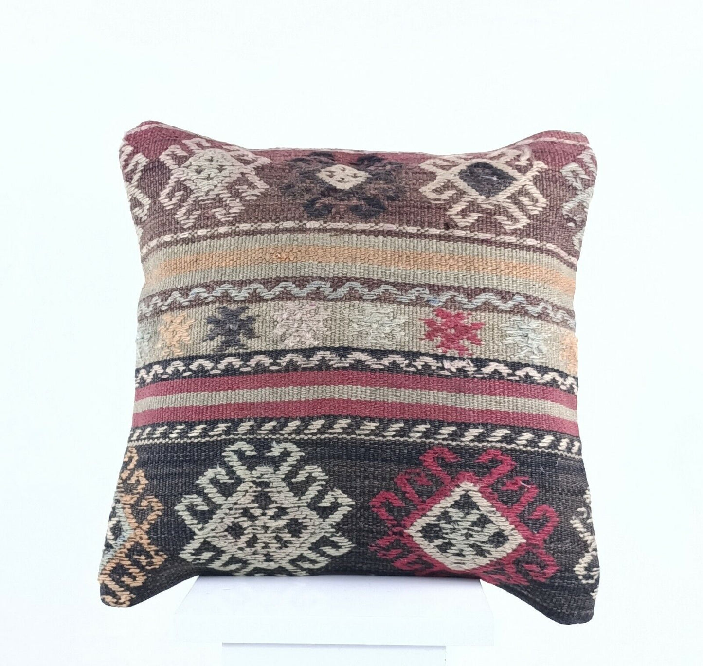 Turkish Kilim Pillow Cover 16x16 Home Decorative Wool Oushak Rug Cushion A518