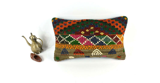 Kilim Pillow Cover 12x20 Handmade Turkish Rug Boho Ethnic Lumbar Cushion 3281