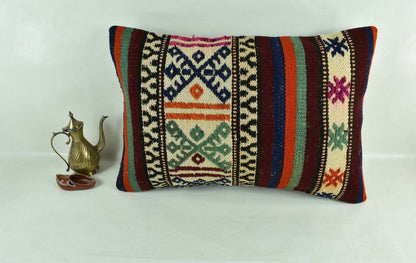 Kilim Pillow Cover 16x24 Tribal Vintage Turkish Carpet Lumbar Pillow Cover 3121