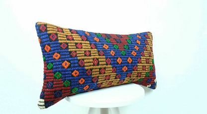 Turkish Kilim Pillow Cover 12x24 Sofa Ethnic Bohemian Wool Lumbar Cushion  E419