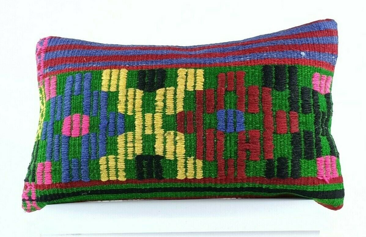 Kilim Pillow Cover 12x20 Handmade Turkish Rug Boho Ethnic Lumbar Cushion E1090