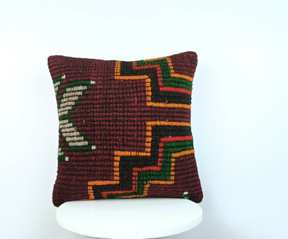 Traditional Kilim Cushion Cover 16x16 Handmade Turkish Tribal Pillow Cover E174