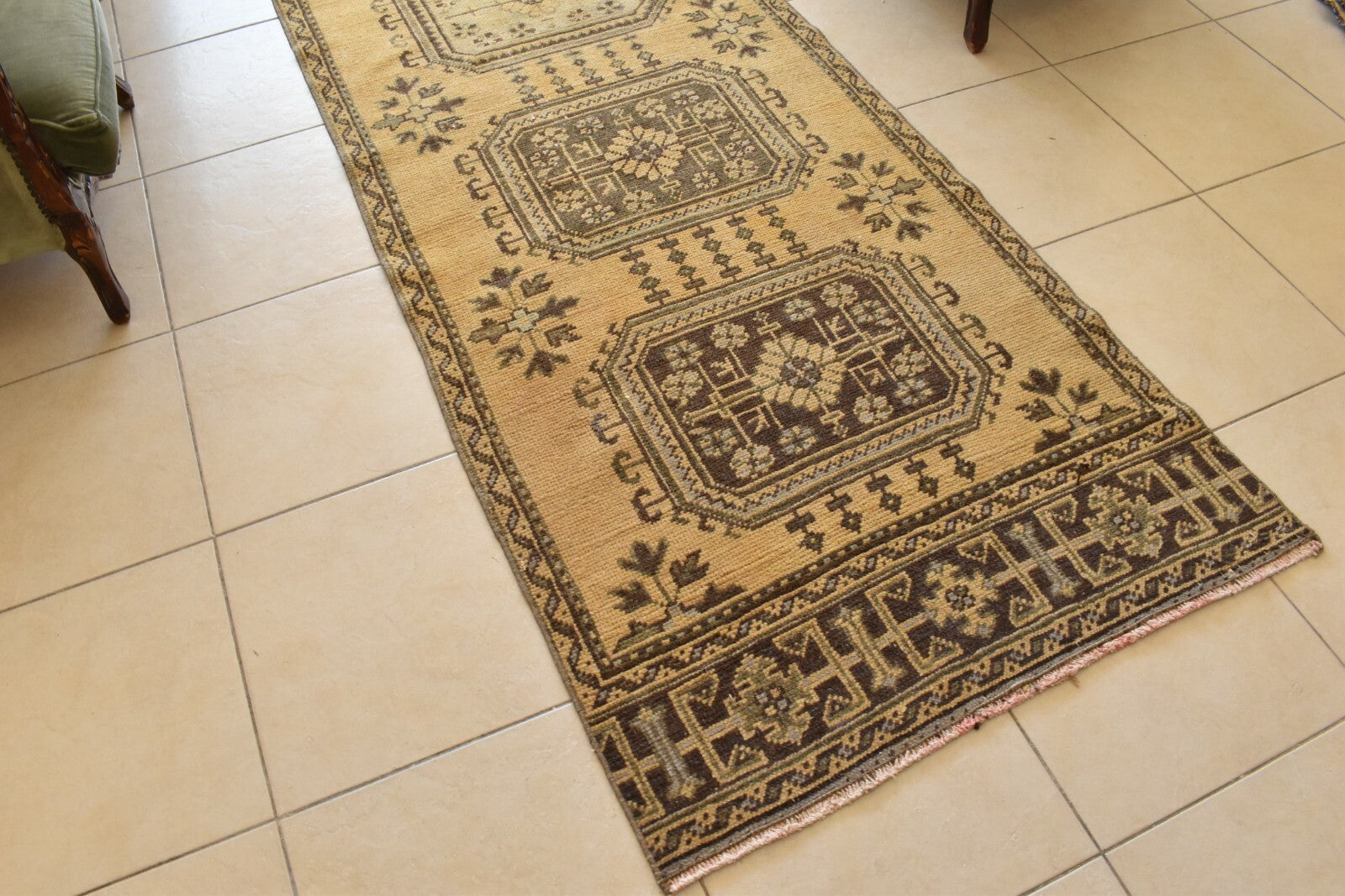 Vintage Oushak Runner 3.2 x 11.7 ft Handmade Wool Turkish Long Floor Rug C18