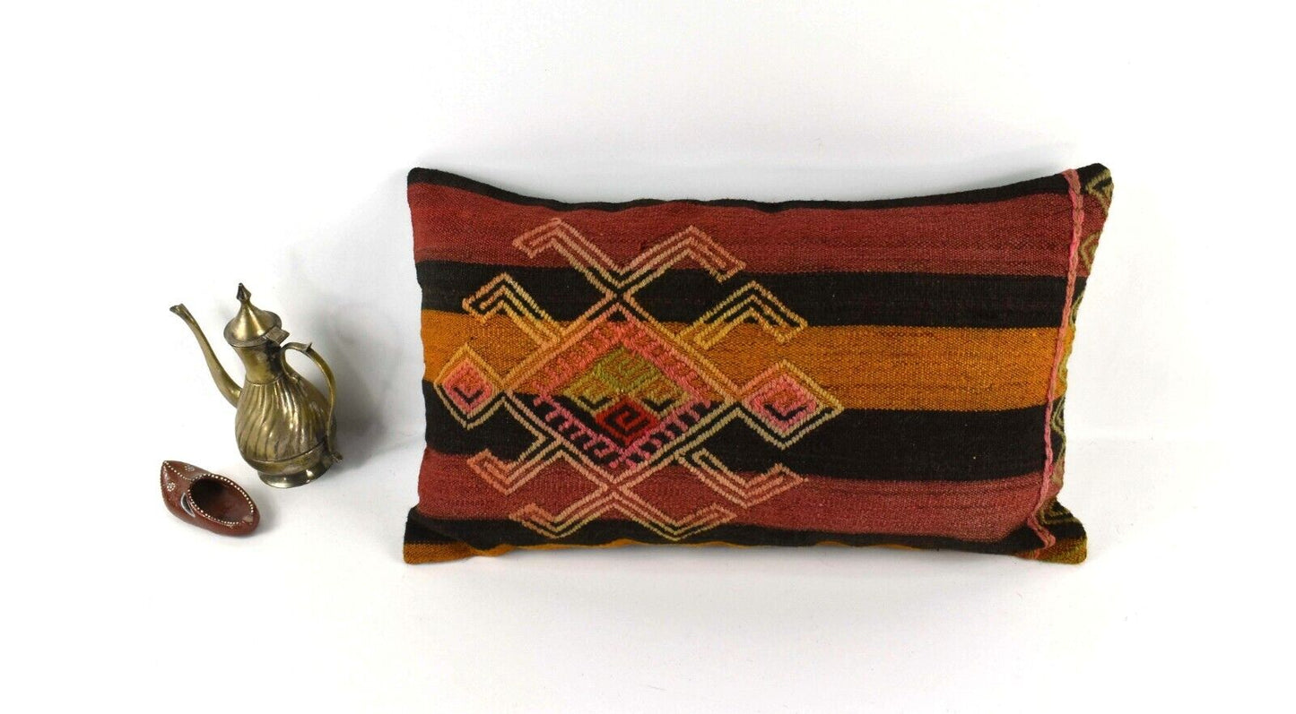 Kilim Pillow Cover 12x20 Handmade Turkish Rug Boho Ethnic Lumbar Cushion 3839