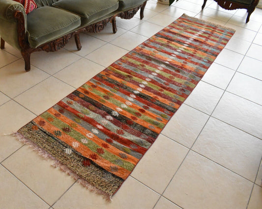 Long Kilim Runner  2.4 x 9.6 ft Vintage Hallway Corridor Kitchen Wool Rug  C55