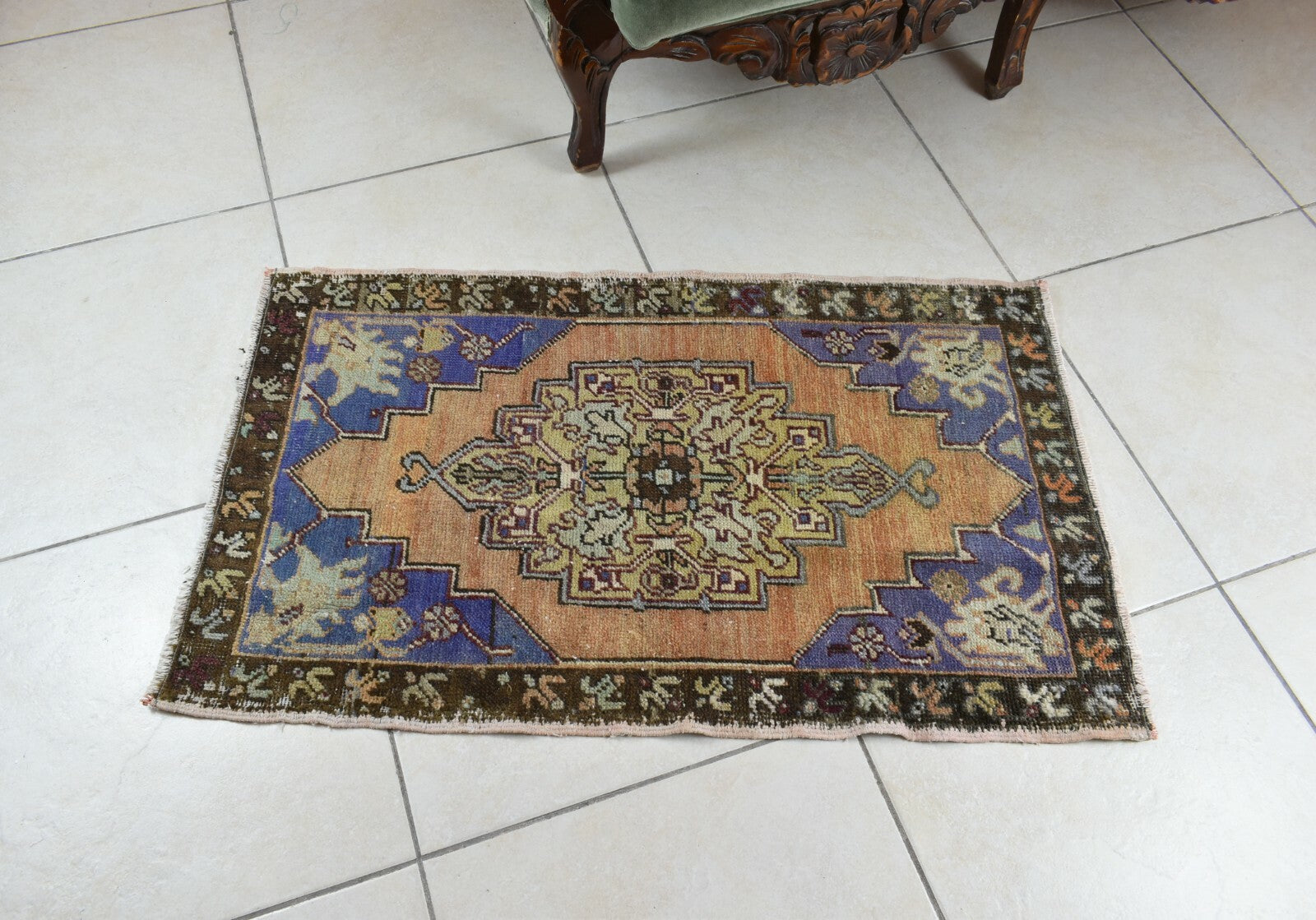 Turkish Runner 3.1x1.8 ft Vintage Small Rug Oushak Runner Anatolian Mini Rug Y72