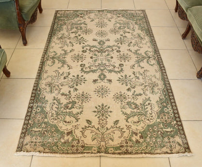 Handmade Vintage Oushak Runner 3.6 x 6.4 ft  Accent Beige Green Area Rug C22