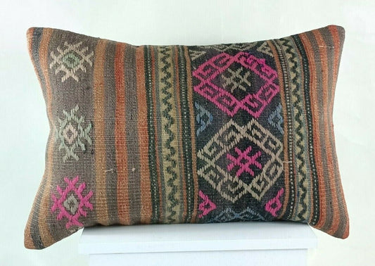 Kilim Pillow Cover 16x24 in Traditional Handmade Anatolian Lumbar Cushion  E1287