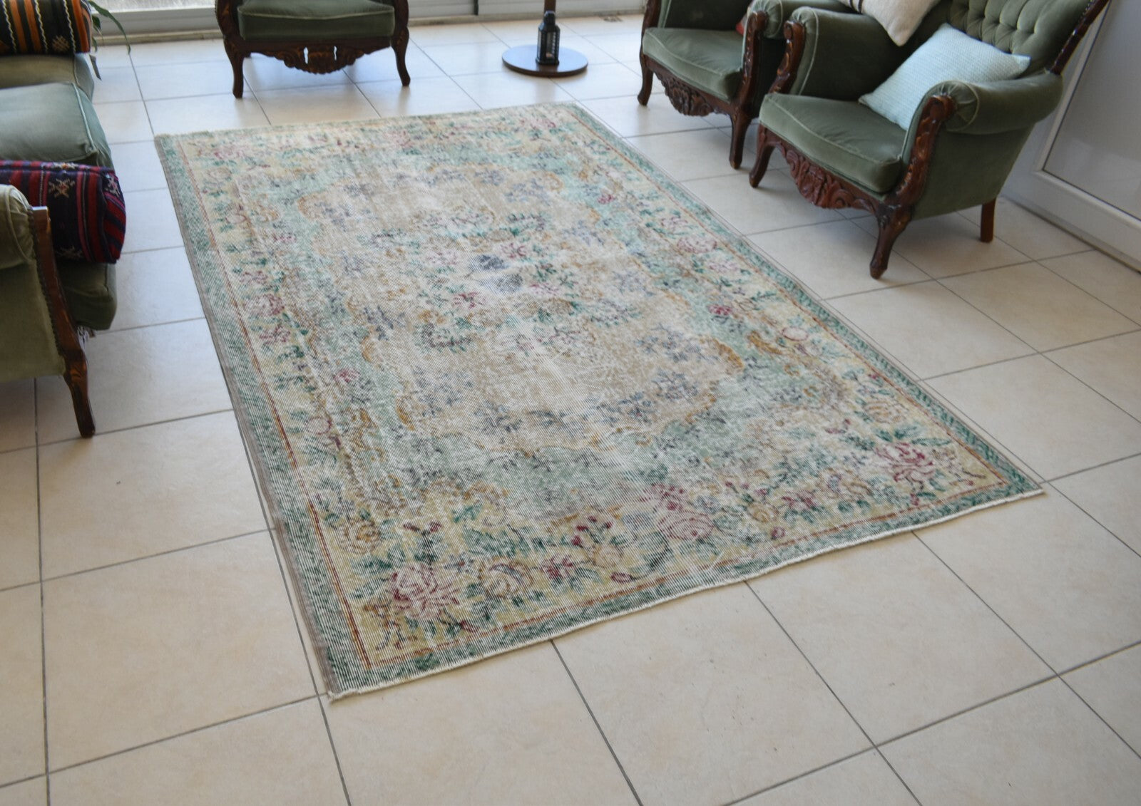 Large Turkish Rug 8.3x5.4 ft Vintage Rug Faded Oushak Rug Living Room Carpet B15