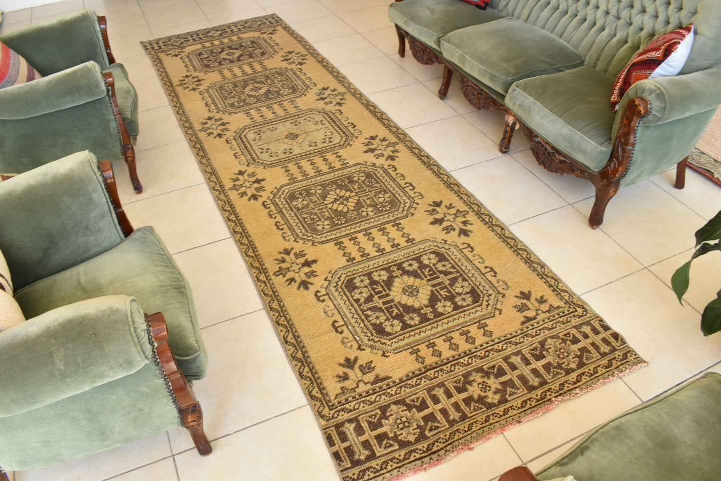 Vintage Oushak Runner 3.2 x 11.7 ft Handmade Wool Turkish Long Floor Rug C18