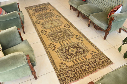 Vintage Oushak Runner 3.2 x 11.7 ft Handmade Wool Turkish Long Floor Rug C18