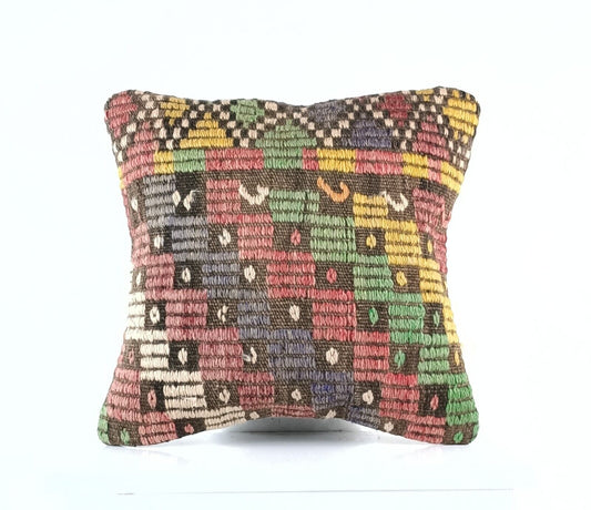 14"x14" Kilim Pillow Cover Handmade Turkish Tribal Ethnic Boho Rug Cushion E1306