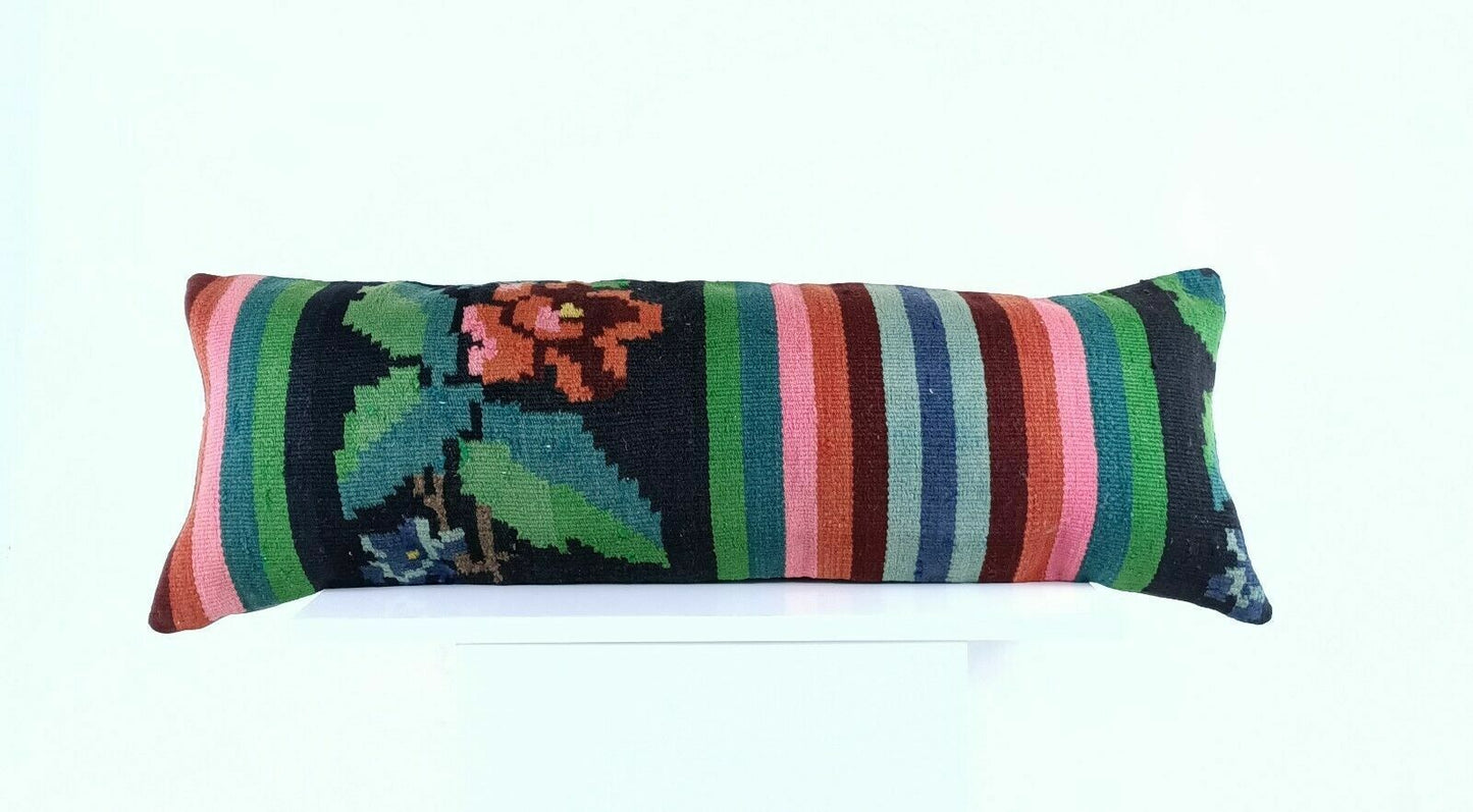 Kilim Lumbar Pillow 12x36 Handmade Oushak Rug Wool Long Throw Cushion Cover A643