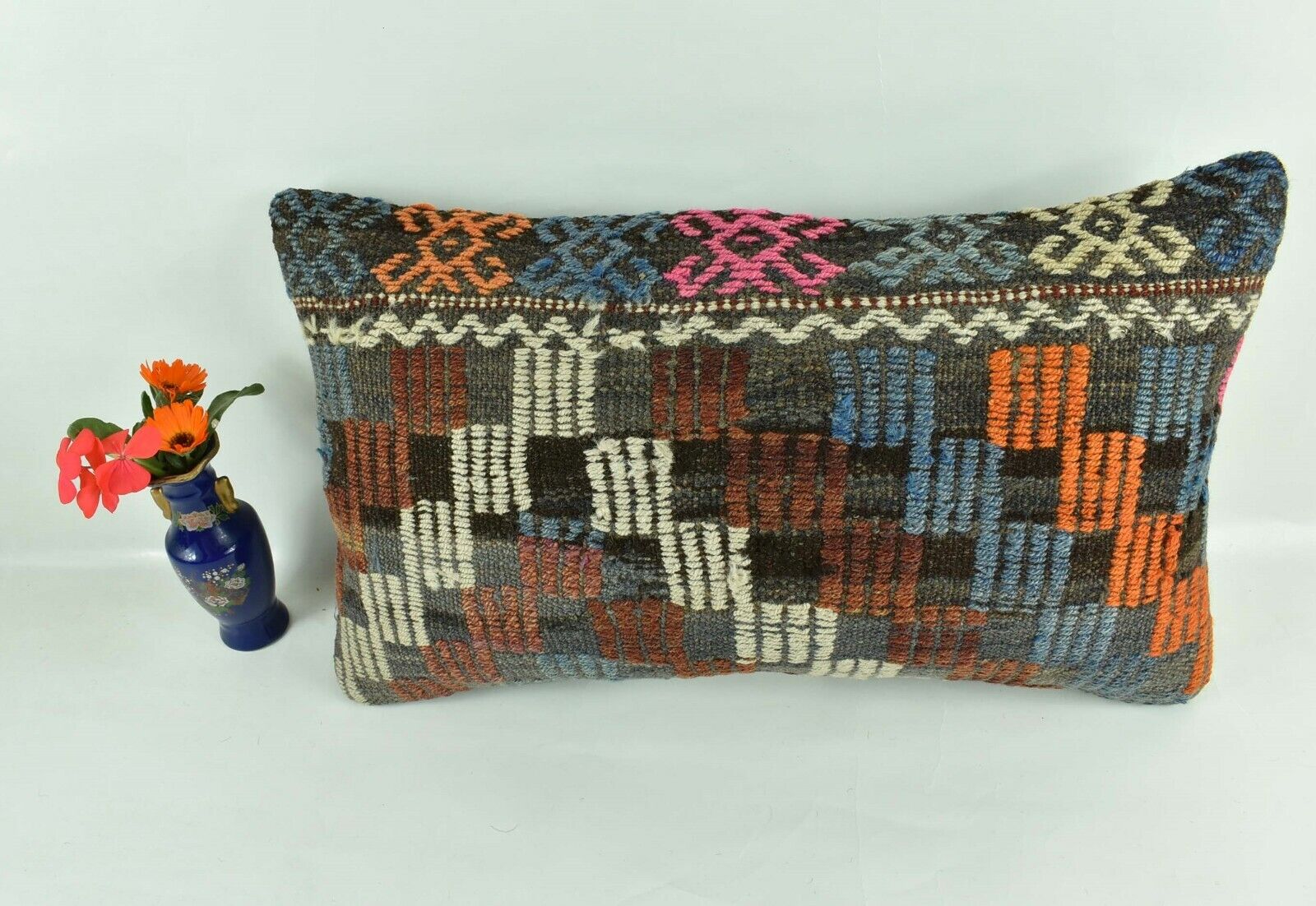 Kilim Pillow Cover 12x20 Turkish Handmade Vintage Couch Lumbar Cushion  A1830