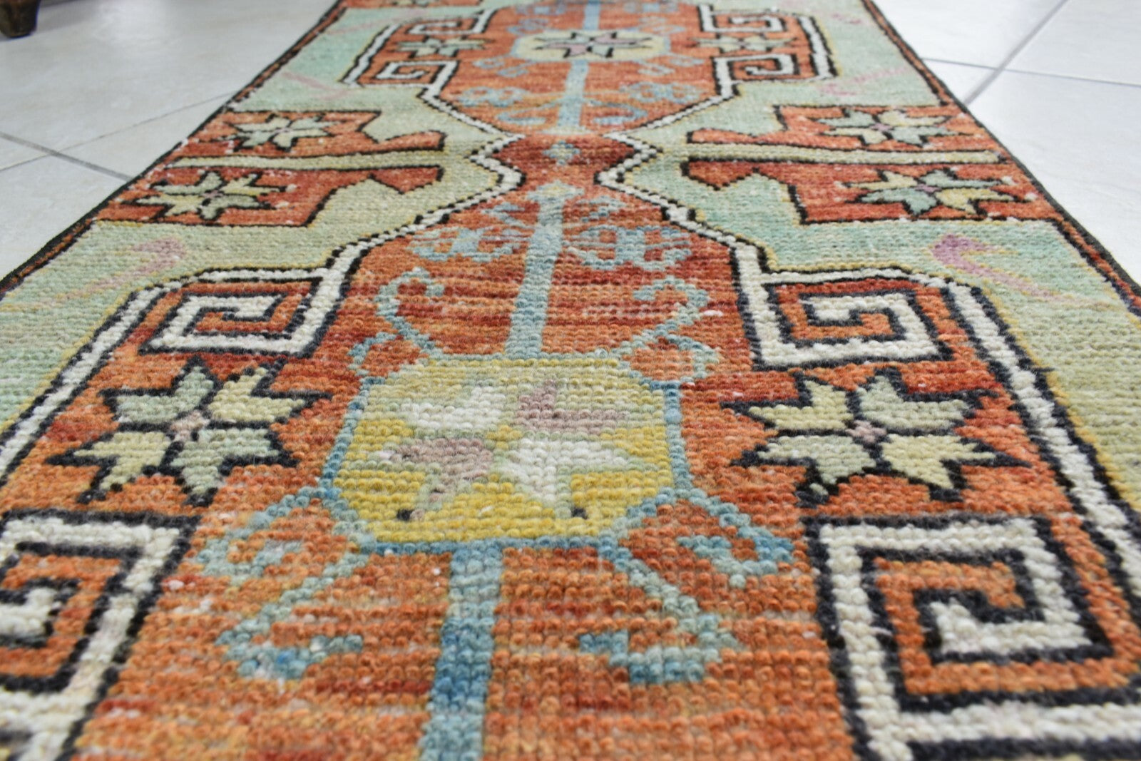 Vintage Runner 2.9x1.5 ft Mini Turkish Rug Oushak Runner Anatolian Runner Y94