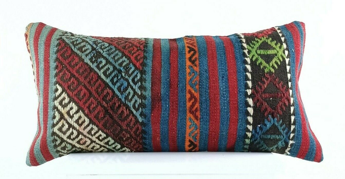 12x24 Kilim Pillow Cover Handmade Decorative Sofa Couch Floor Wool Lumbar E923