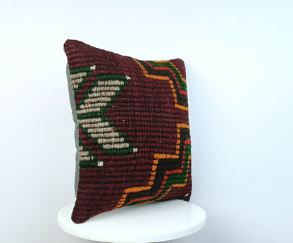 Traditional Kilim Cushion Cover 16x16 Handmade Turkish Tribal Pillow Cover E174