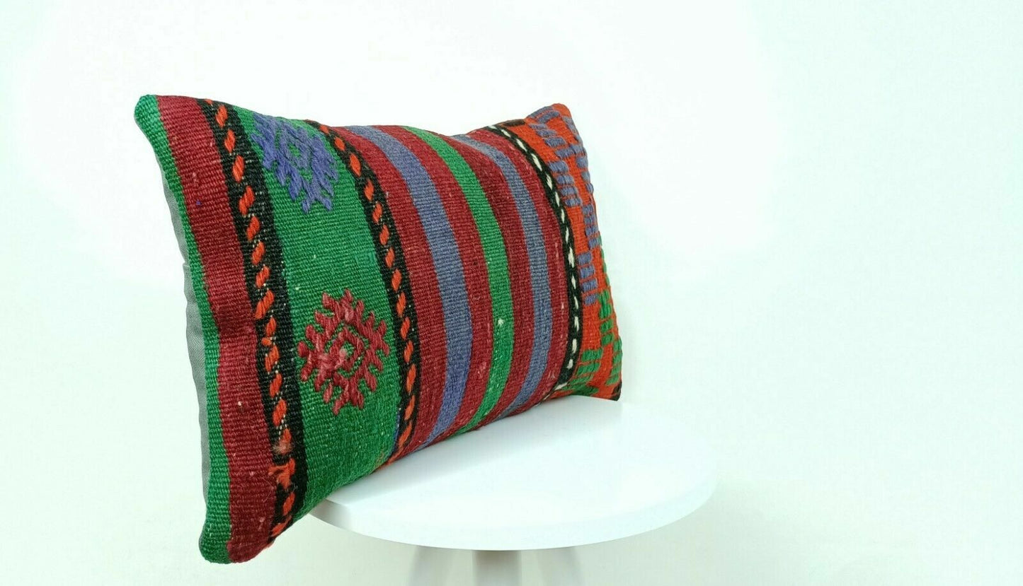 12x20 Kilim Lumbar Pillow Cover Handmade Traditional Oriental Wool Cushion E539
