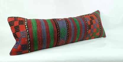 Kilim Pillow Cover 12x36 Handknotted Turkish Tribal Ethnic Lumbar Cushion E695