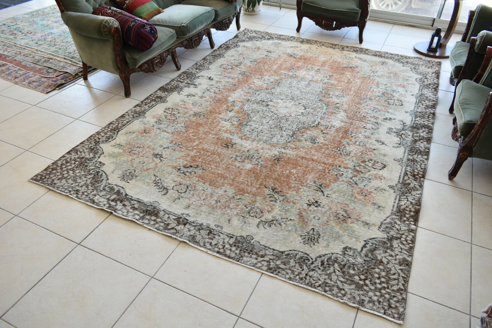 Large Turkish Rug 9.6x6.7 ft Vintage Rug Faded Oushak Rug Living Room Carpet B14