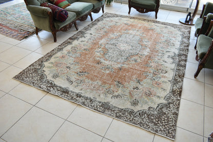 Large Turkish Rug 9.6x6.7 ft Vintage Rug Faded Oushak Rug Living Room Carpet B14