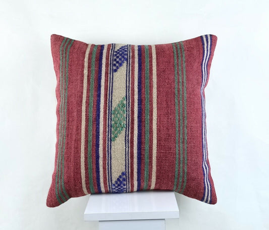 Kilim Pillow Cover 18x18 Handmade Turkish Ethnic Vintage Lumbar Cushion A1420