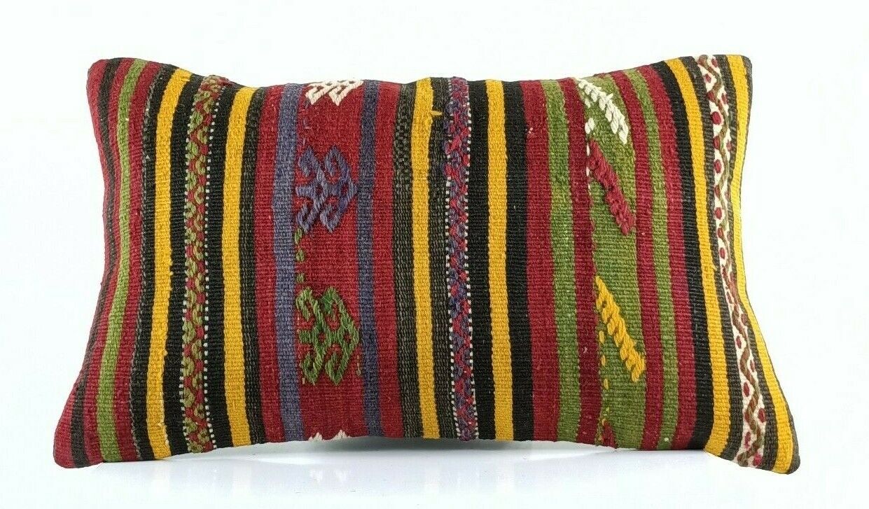 Kilim Pillow Cover 12x20 Handmade Turkish Rug Boho Ethnic Lumbar Cushion E1082