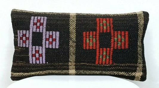 Turkish Kilim Pillow Cover 8"x16" Handmade Oushak Rug Tribal Lumbar Cushion E380