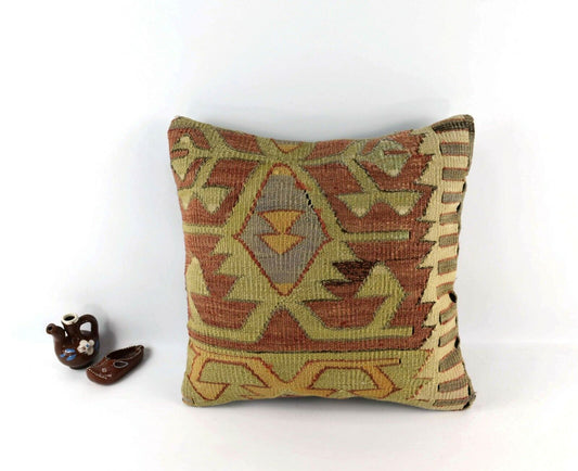 Kilim Pillow Cover 16x16 Decorative Vintage Oushak Kilim Cushion Cover A3096