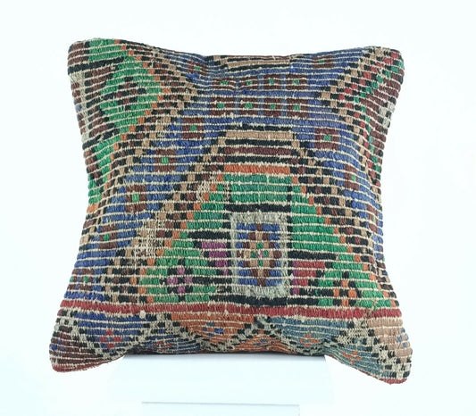 Turkish Kilim Pillow Cover 16x16 Oushak Rug Handmade Lumbar Cushion A413